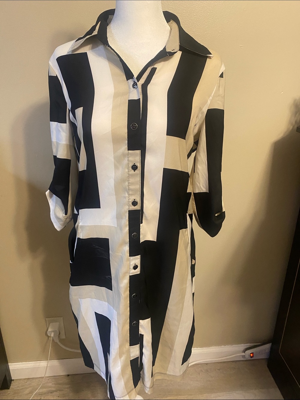 New York & Company Black and Cream Geometric Midi Shirt Dress